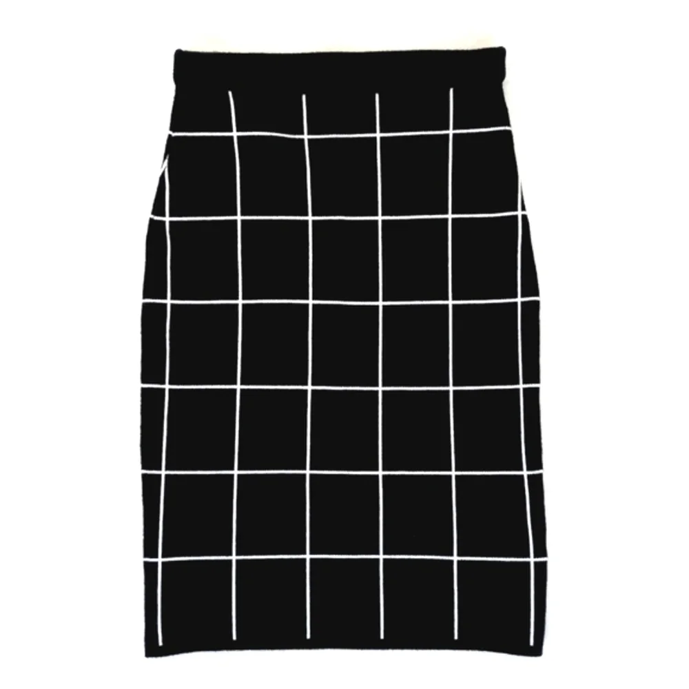 Mid Century Modern Navy Blue & White Grid Nylon Blend Pencil Straight Skirt S